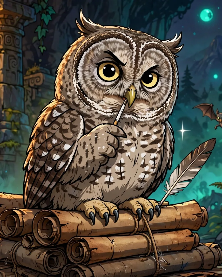 Owl scholar character portrait as a storybook character sample